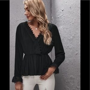 Black Long Sleeve Lace trim peplum blouse-M